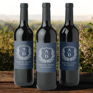 Navy Blue Monogram Wedding Floral Crest Wine Label