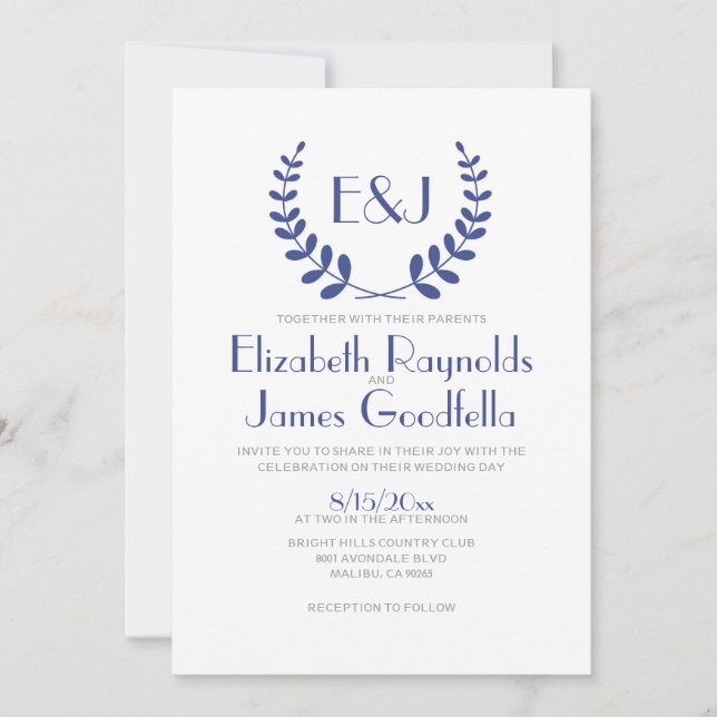 Navy Blue Monogram Wedding Invitations (Front)