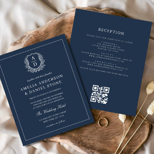 Navy Blue Monogram Wedding QR Code Invitation