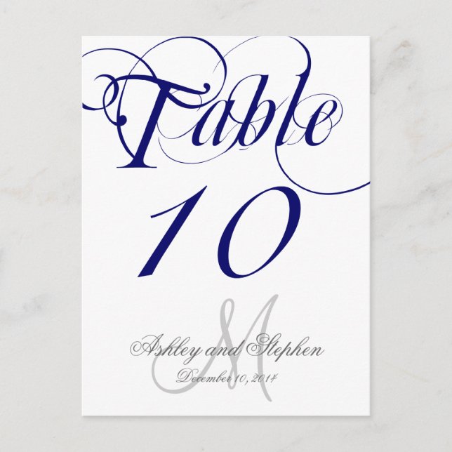 Navy Blue Monogram Wedding Table Number Card (Front)