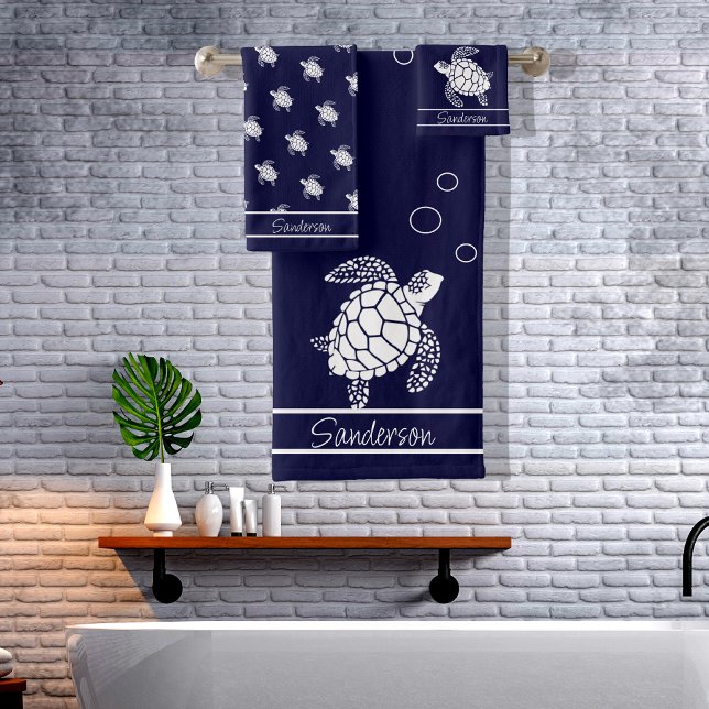 Navy Blue Monogram  White Sea Turtle Nautical Bath Towel Set (Creator Uploaded)