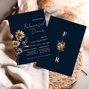 Navy Blue Monogram Wildflower Rehearsal Dinner Invitation