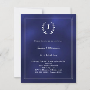 Navy blue monogram wreath birthday invitation