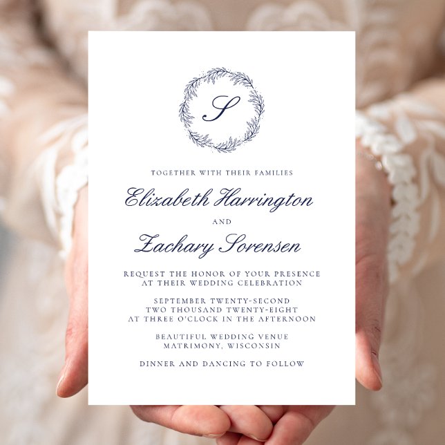 Navy Blue Monogram Wreath Script Wedding Invitation (Creator Uploaded)