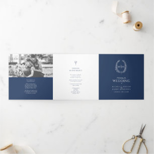 Navy blue monogram wreath story dedication wedding Tri-Fold programme