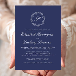 Navy Blue Monogram Wreath White Script Wedding Invitation