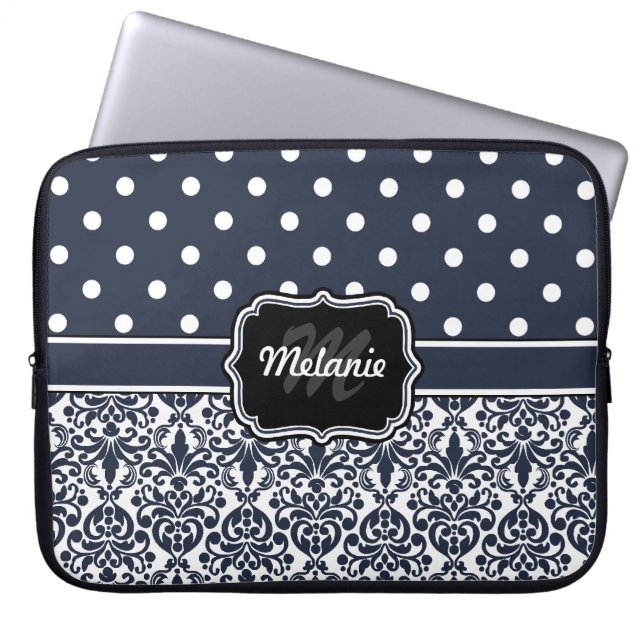 Navy Blue Monogrammed Damask Polka Dot Laptop Sleeve (Front)