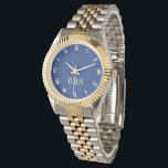 Navy Blue Monogrammed Gold Silver Tone Bracelet Watch<br><div class="desc">Custom, personalised, unisex, elegant faux gold monogrammed on dark navy blue dial, gold and silver tone metal bracelet wrist watch. Simply type in your initials / monogram, to customise. Go ahead create a wonderful, custom watch for the special men and women in your life - mum, dad, bride, groom, wife,...</div>