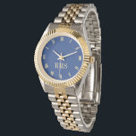 Navy Blue Monogrammed Gold Silver Tone Bracelet Watch<br><div class="desc">Custom, personalised, unisex, elegant faux gold monogrammed on dark navy blue dial, gold and silver tone metal bracelet wrist watch. Simply type in your initials / monogram, to customise. Go ahead create a wonderful, custom watch for the special men and women in your life - mum, dad, bride, groom, wife,...</div>