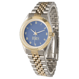 Navy Blue Monogrammed Gold Silver Tone Bracelet Watch