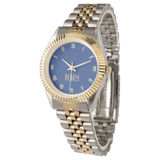 Navy Blue Monogrammed Gold Silver Tone Bracelet Watch