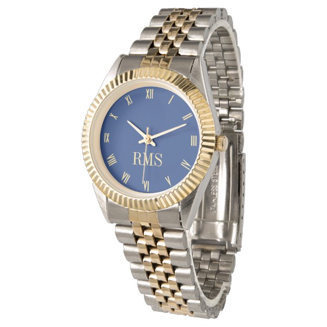Navy Blue Monogrammed Gold Silver Tone Bracelet Watch (Angled)