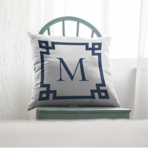 Navy Blue Monogrammed Greek Key Border Cushion