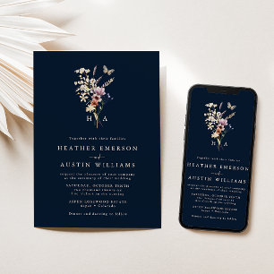 Navy Blue Monogrammed Wedding Invitation