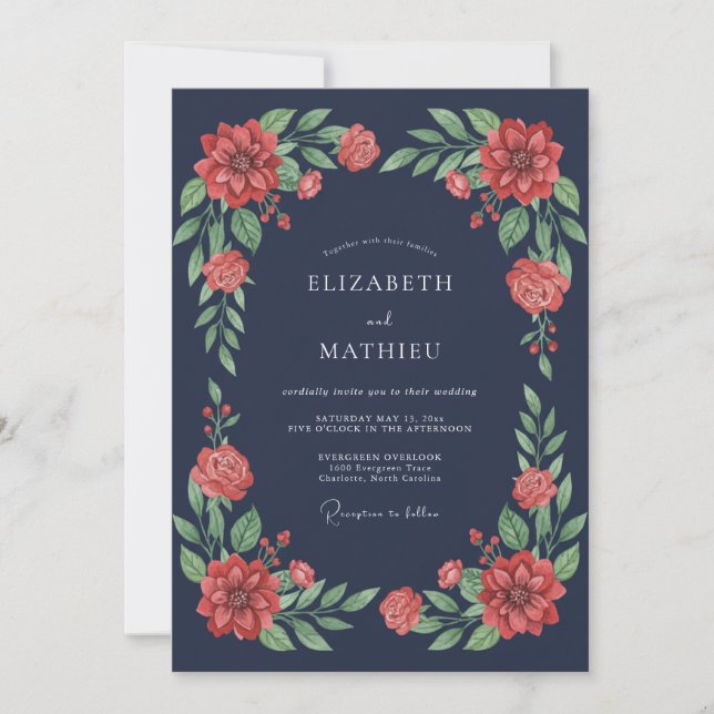 Navy Blue Moody Botanical Wedding Invitation (Front)