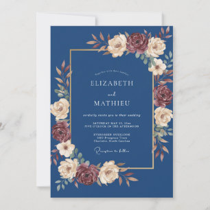 Navy Blue Moody Floral Autumn Wedding Invitation