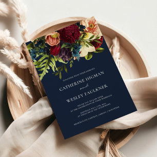 Navy Blue Moody Floral Burgundy Wedding Invitation