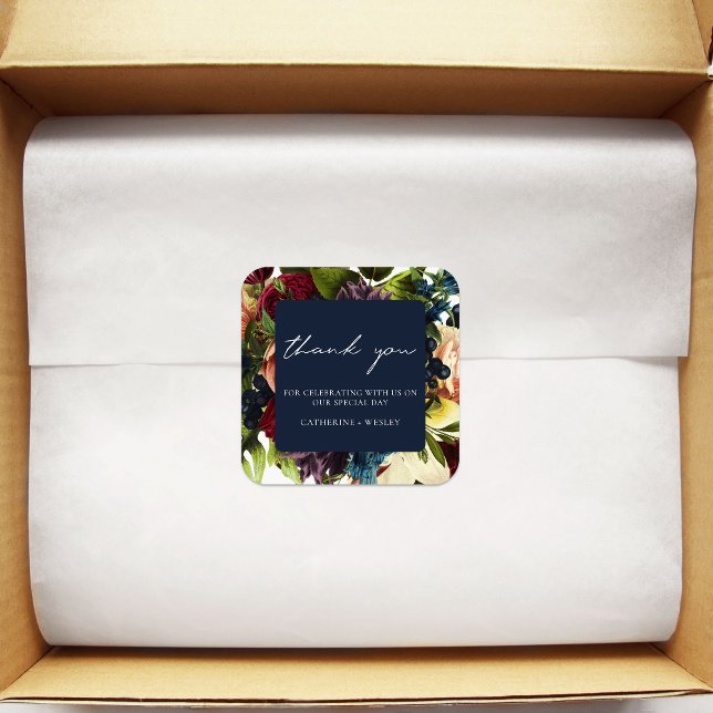 Navy Blue Moody Floral Burgundy Wedding  Square Sticker (Creator Uploaded)