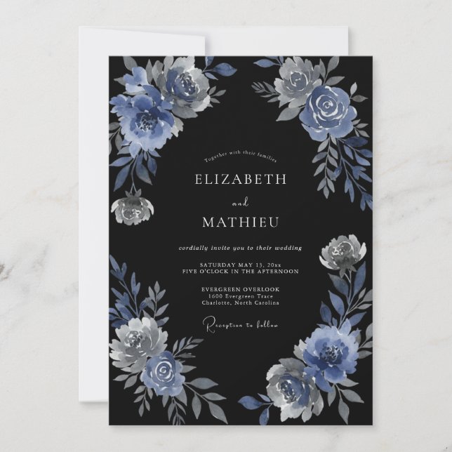 Navy Blue Moonlit Winter Wedding Invitation (Front)