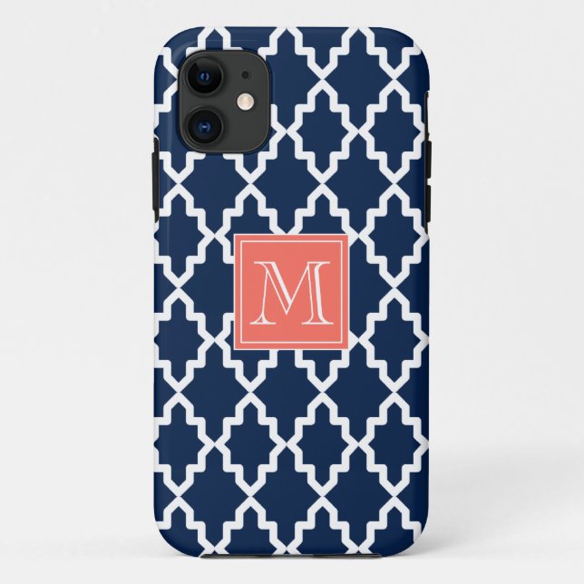 Navy Blue Moroccan Coral Monogram Case-Mate iPhone Case (Back)