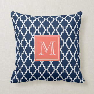 Navy Blue Moroccan Coral Monogram Cushion