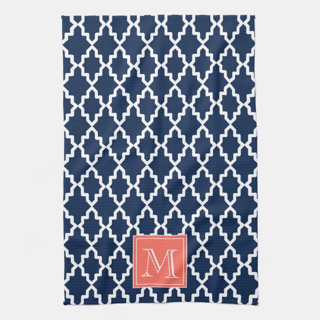 Navy Blue Moroccan Coral Monogram Tea Towel (Vertical)