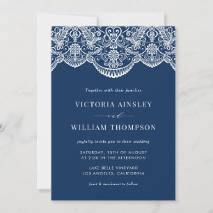 Navy Blue Moroccan Lace Pattern Wedding Invitation