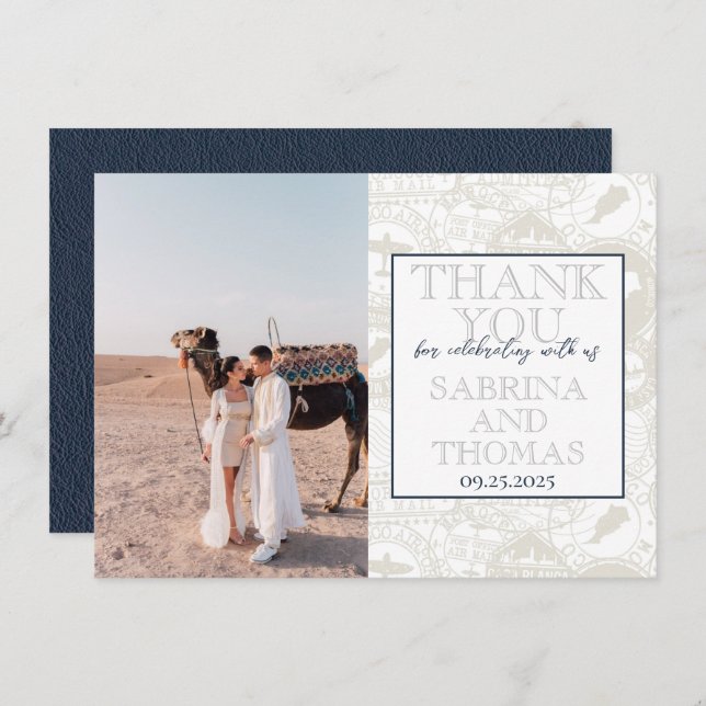 Navy Blue Morocco Wedding Photo Thank You (Front/Back)