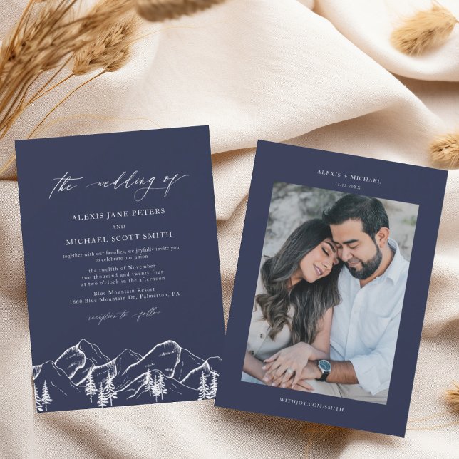 Navy Blue Mountains Outdoor Pine Tree Wedding Invitation (Creator Uploaded)