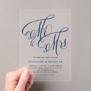 Navy Blue Mr. and Mrs. Rustic Calligraphy Wedding  Acrylic Invitations