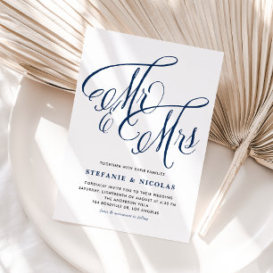 Navy Blue Mr and Mrs Rustic Script QR Code Wedding Invitation Postcard