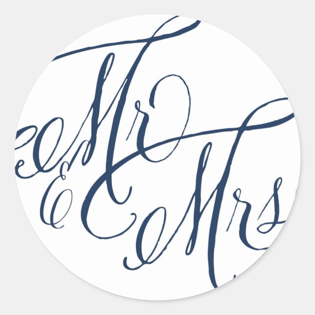Navy Blue Mr. & Mrs. Elegant Script Wedding Classic Round Sticker (Front)