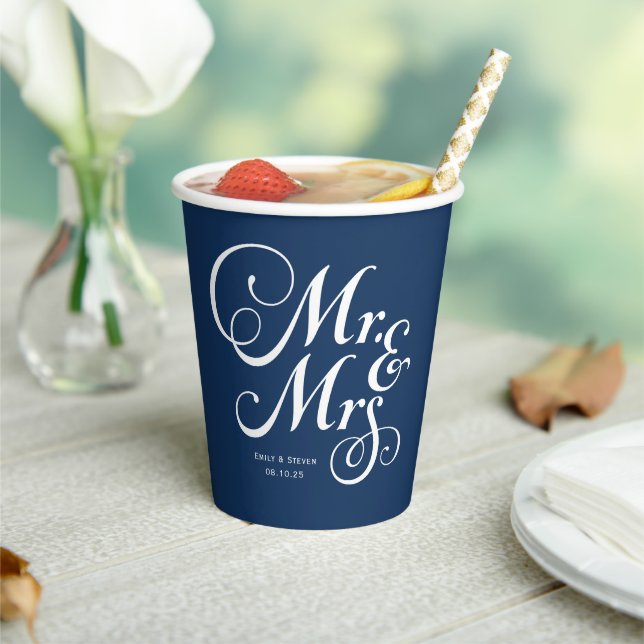 Navy Blue Mr. & Mrs. personalised rustic wedding Paper Cups (Insitu)