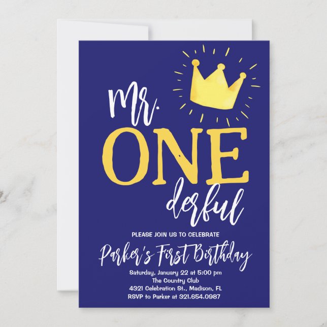 Navy Blue Mr. Onederful Birthday Party Invitation (Front)