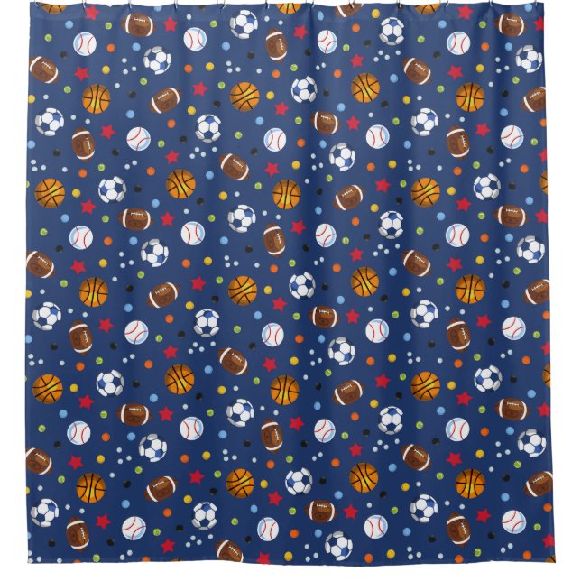 Navy Blue Multi Sports Balls Printed Shower Curtai Curtain (Front)