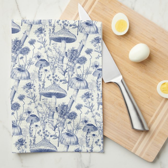 Navy Blue Mushroom Toile De Jouy Tea Towel (Quarter Fold)