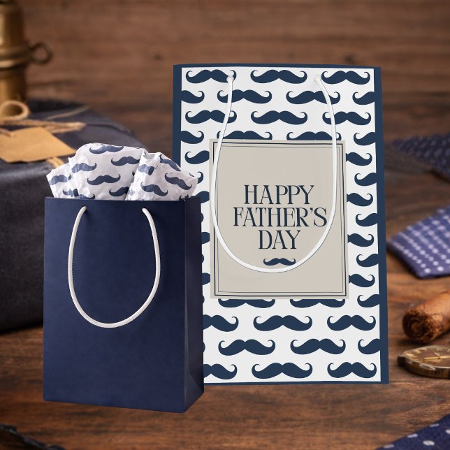 Navy Blue Mustache Pattern Happy Father's Day Medium Gift Bag (Creator Uploaded)