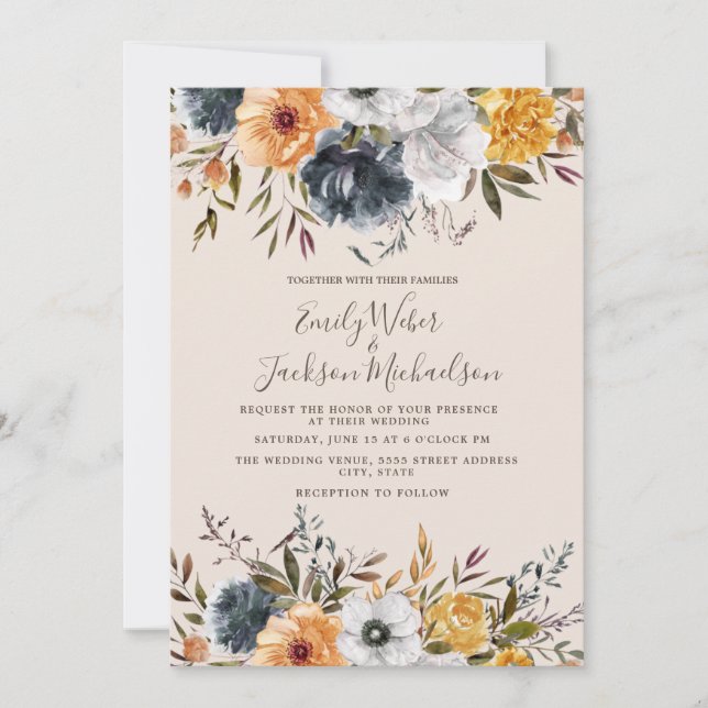 Navy Blue Mustard Yellow Floral Greenery Wedding Invitation (Front)