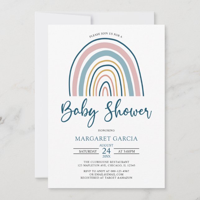 Navy Blue Muted Tones Boho Rainbow Baby Shower Invitation (Front)