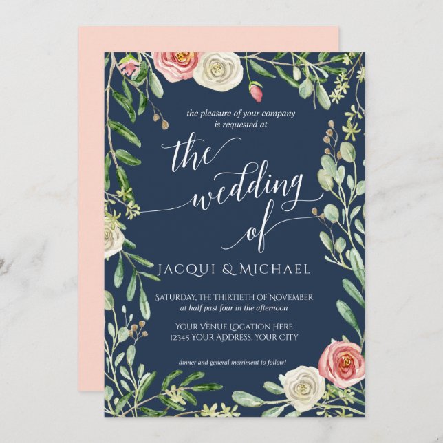 Navy Blue n Blush Floral Wedding Rose Foliage Leaf Invitation (Front/Back)