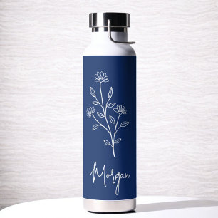 Navy Blue Name Floral Bachelorette Bridal  Water Bottle