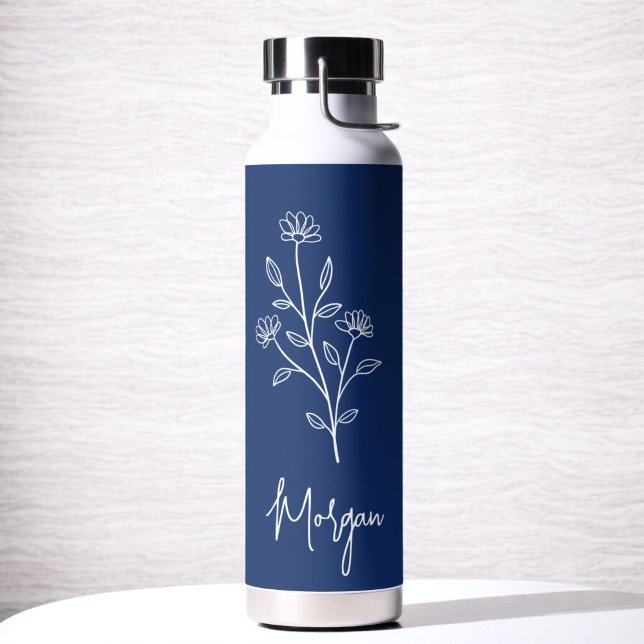 Navy Blue Name Floral Bachelorette Bridal  Water Bottle (Creator Uploaded)