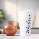 Navy Blue Name Handwritten Script Custom Latte Mug<br><div class="desc">A trendy navy blue personalised monogram latte mug for a girl or guy who loves simple,  handwritten gifts. Beautiful cursive script down the side of your bottle spelling out your name in cool typography.</div>