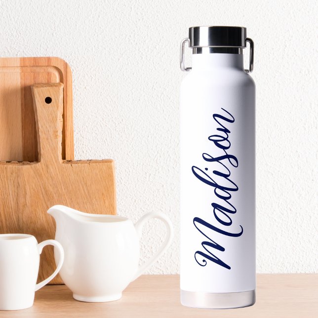 Navy Blue Name Handwritten Script Custom Water Bottle (Creator Uploaded)