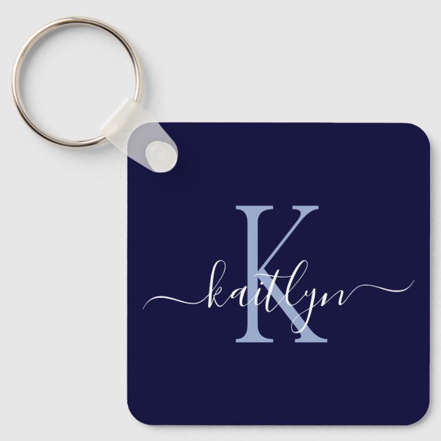 Navy Blue Name Initial Monogram Key Ring (Front)