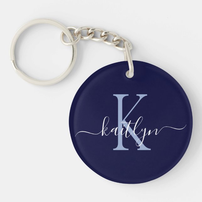 Navy Blue Name Initial Monogram Key Ring (Front)