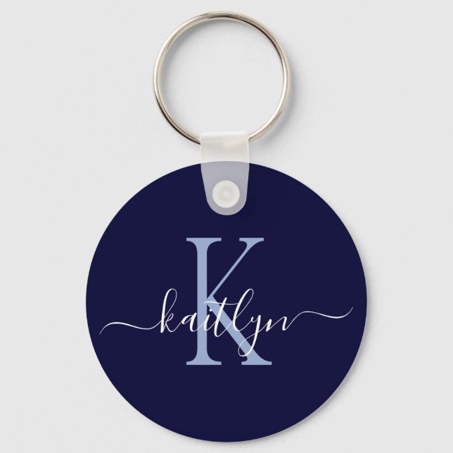 Navy Blue Name Initial Monogram Key Ring (Front)
