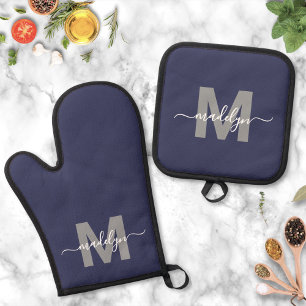 Navy Blue Name Monogram Kitchen Oven Mitt & Pot Holder Set