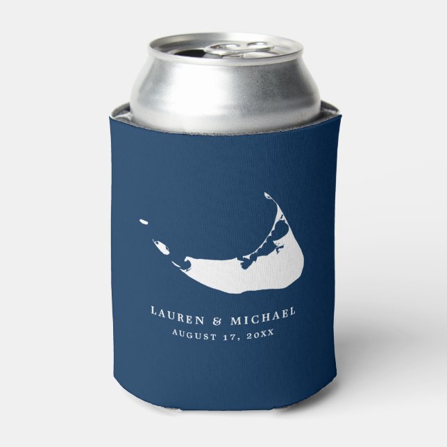 Navy Blue  Nantucket Island Map Wedding Favour Can Cooler (Can Front)