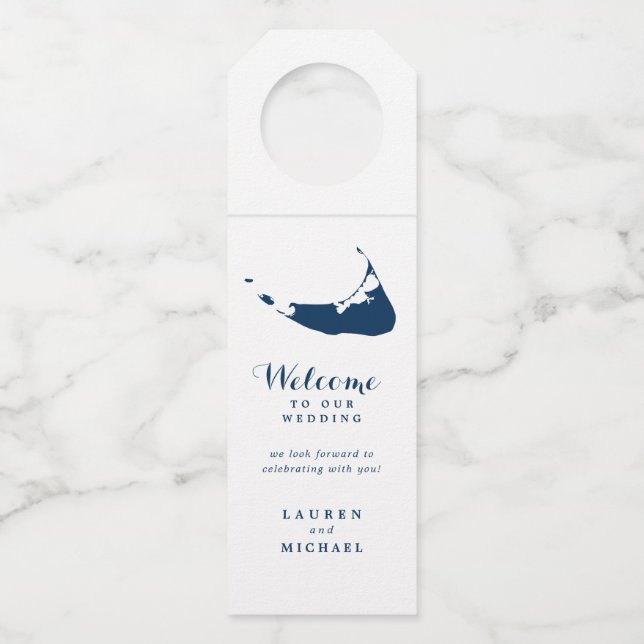 Navy Blue Nantucket Island Wedding Favour Bottle Tag (Front)